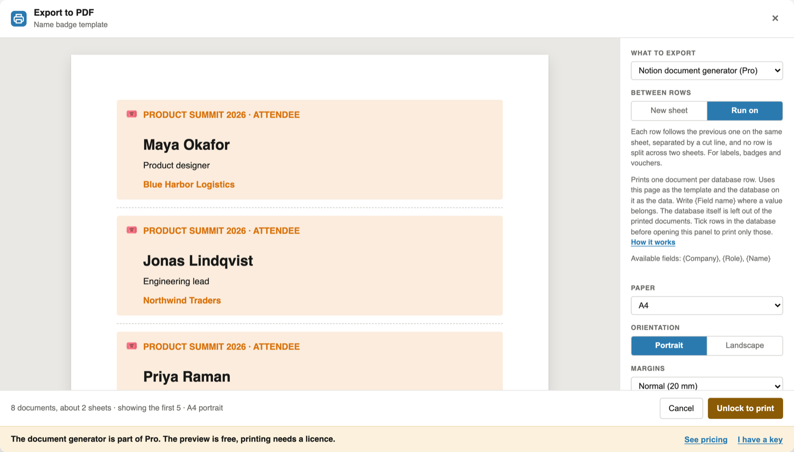 The Notion name badge template in the export panel: badges for Maya Okafor, Jonas Lindqvist and Priya Raman running on down one A4 sheet, with Run on selected