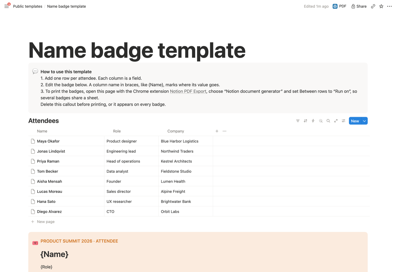 The Notion name badge template: an Attendees database with eight rows, the instructions callout, and the badge with placeholders such as {Name} and {Role}