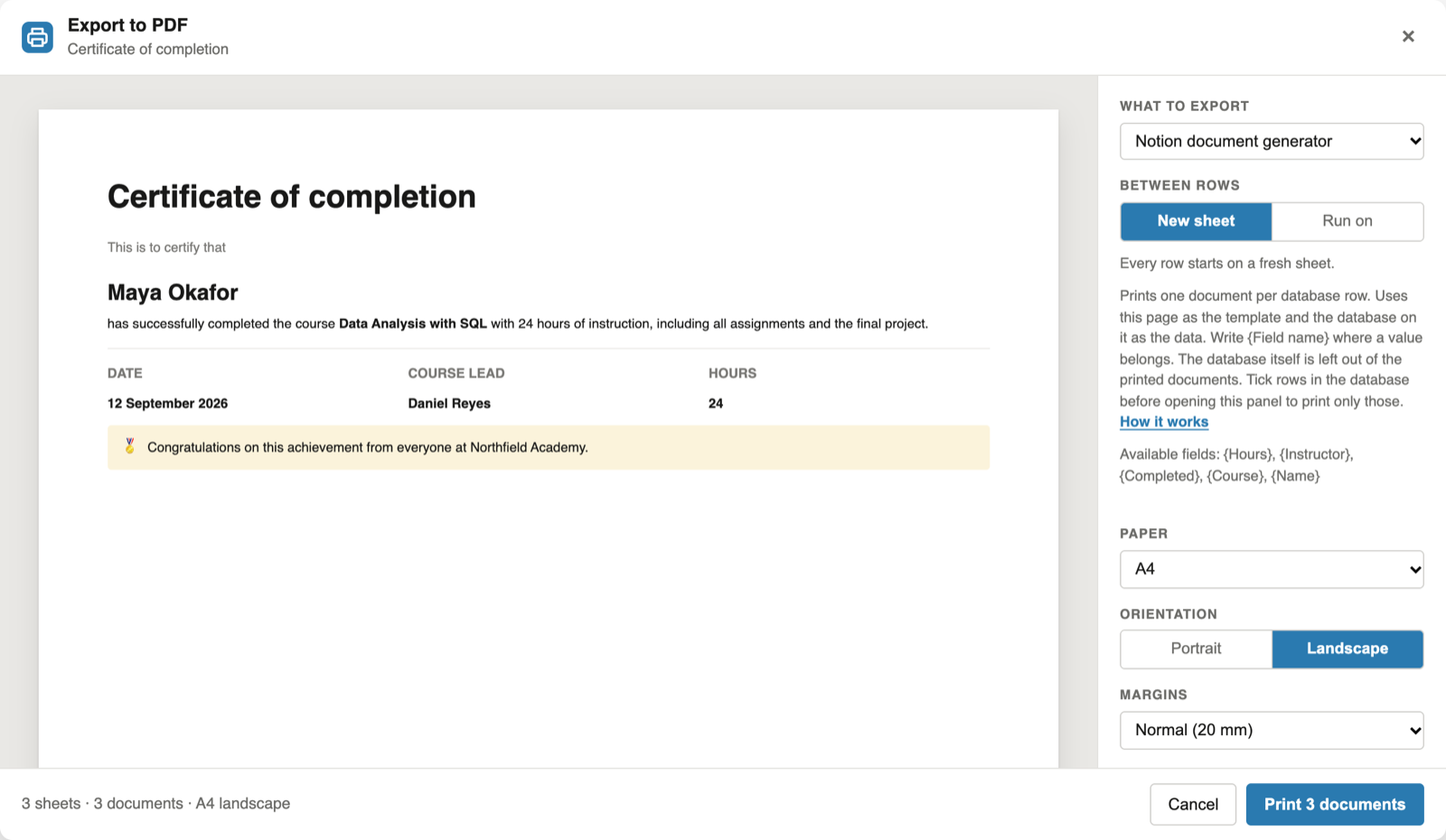 The export panel running the Notion certificate generator: the certificate for Maya Okafor on an A4 landscape sheet, the available fields, and a Print 3 documents button