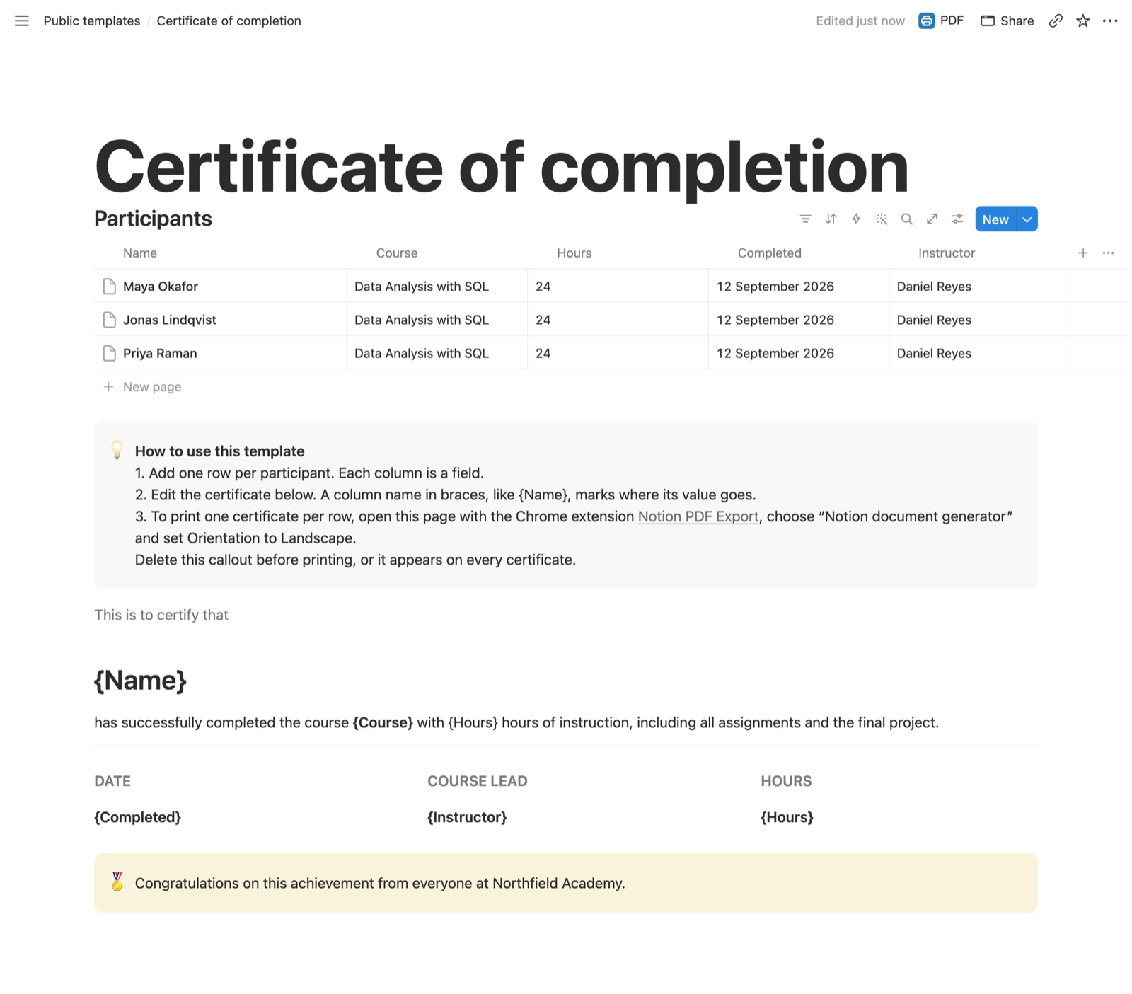 The Notion certificate template: a Participants database with three rows, the instructions callout, and the certificate with placeholders such as {Name}, {Course} and {Completed}