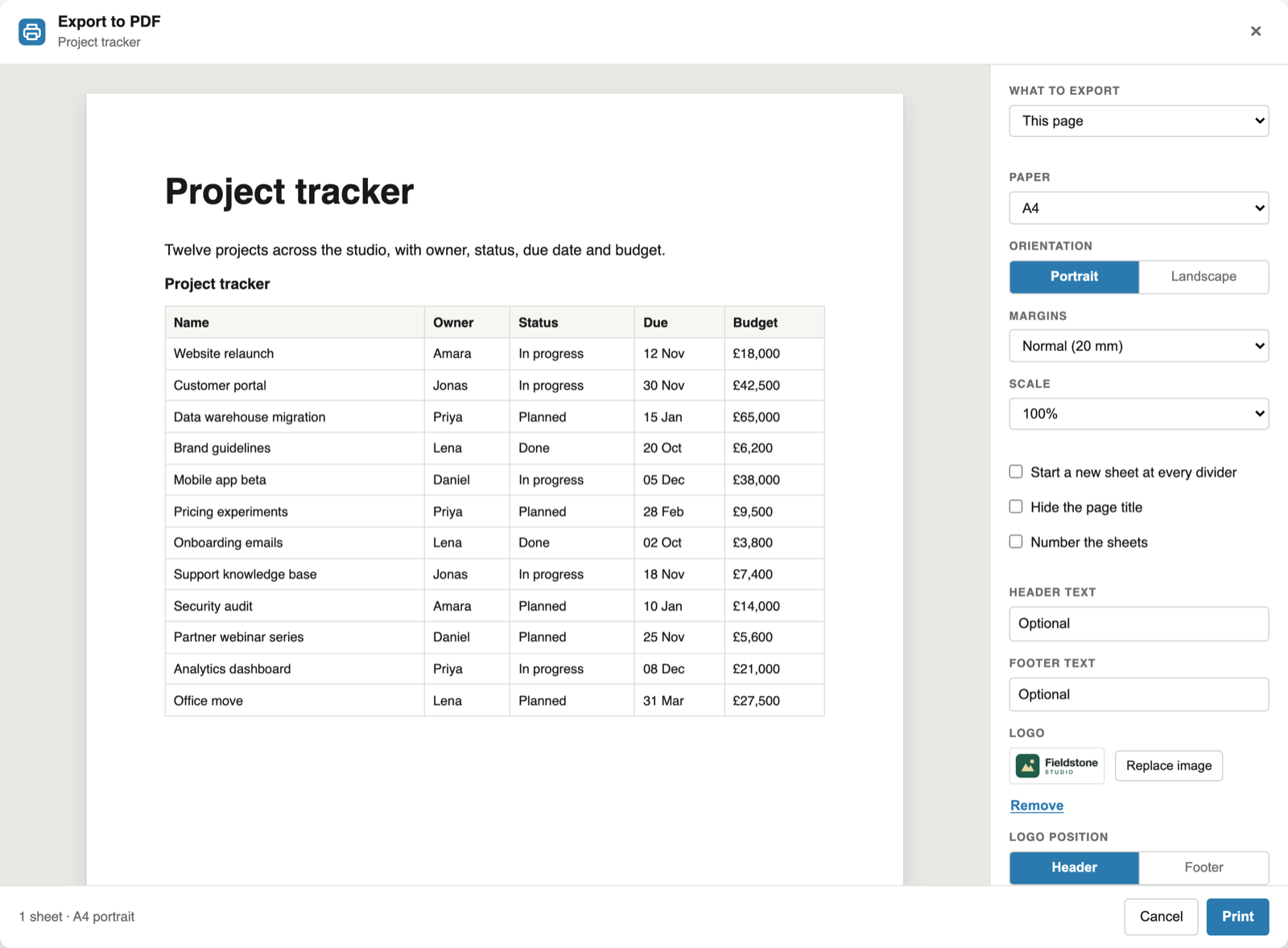 Notion database to PDF in the export panel: a project tracker with name, owner, status, due date and budget as one table on an A4 sheet, with This page selected
