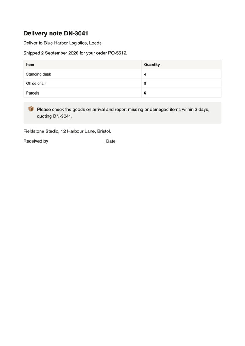 Delivery notes printed with the Notion delivery note template: three A4 sheets for DN-3041, DN-3042 and DN-3043 with the items, quantities and a signature line