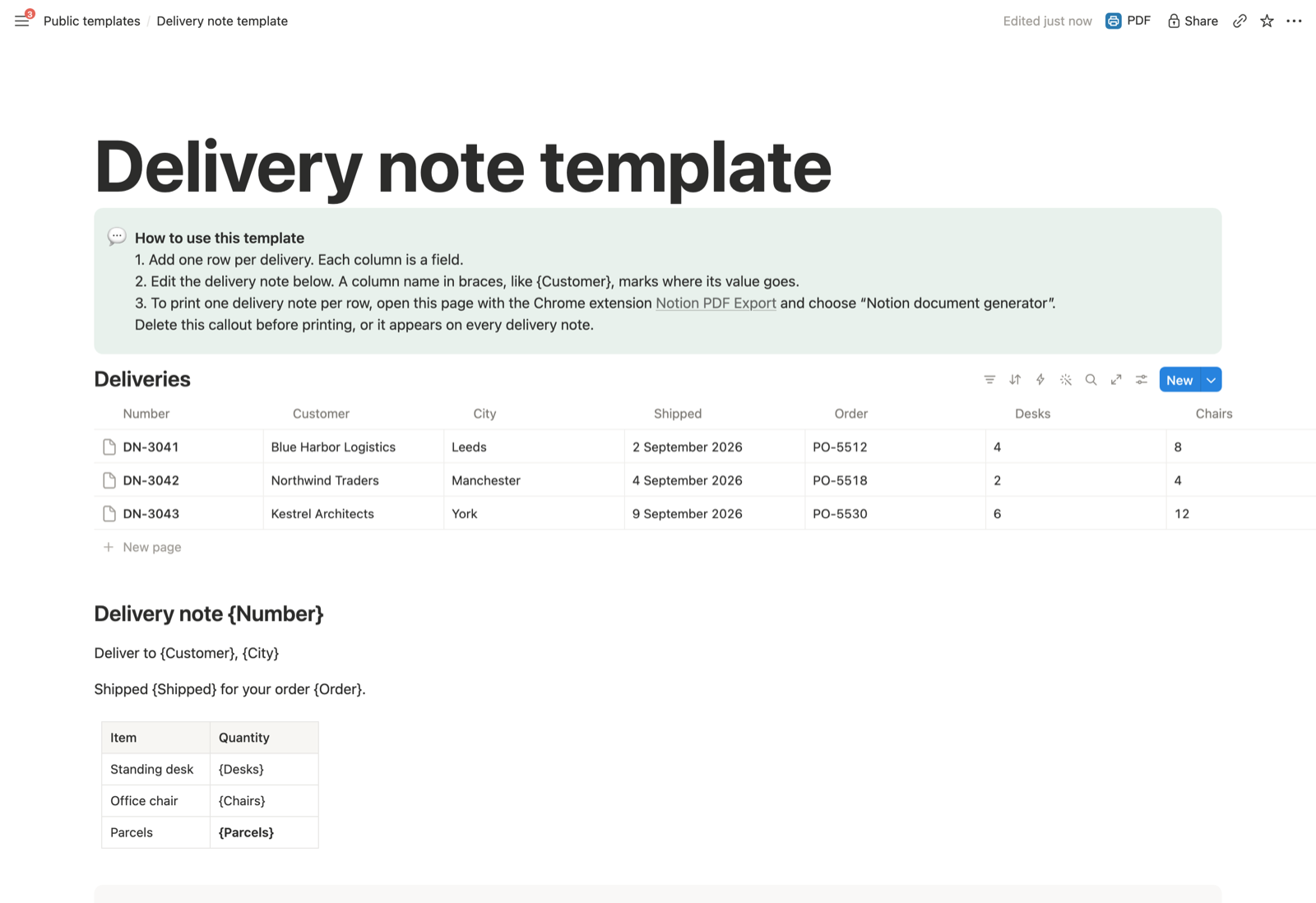 The Notion delivery note template: a Deliveries database with three shipments, and below it the delivery note with placeholders such as {Number}, {Customer} and {Order}