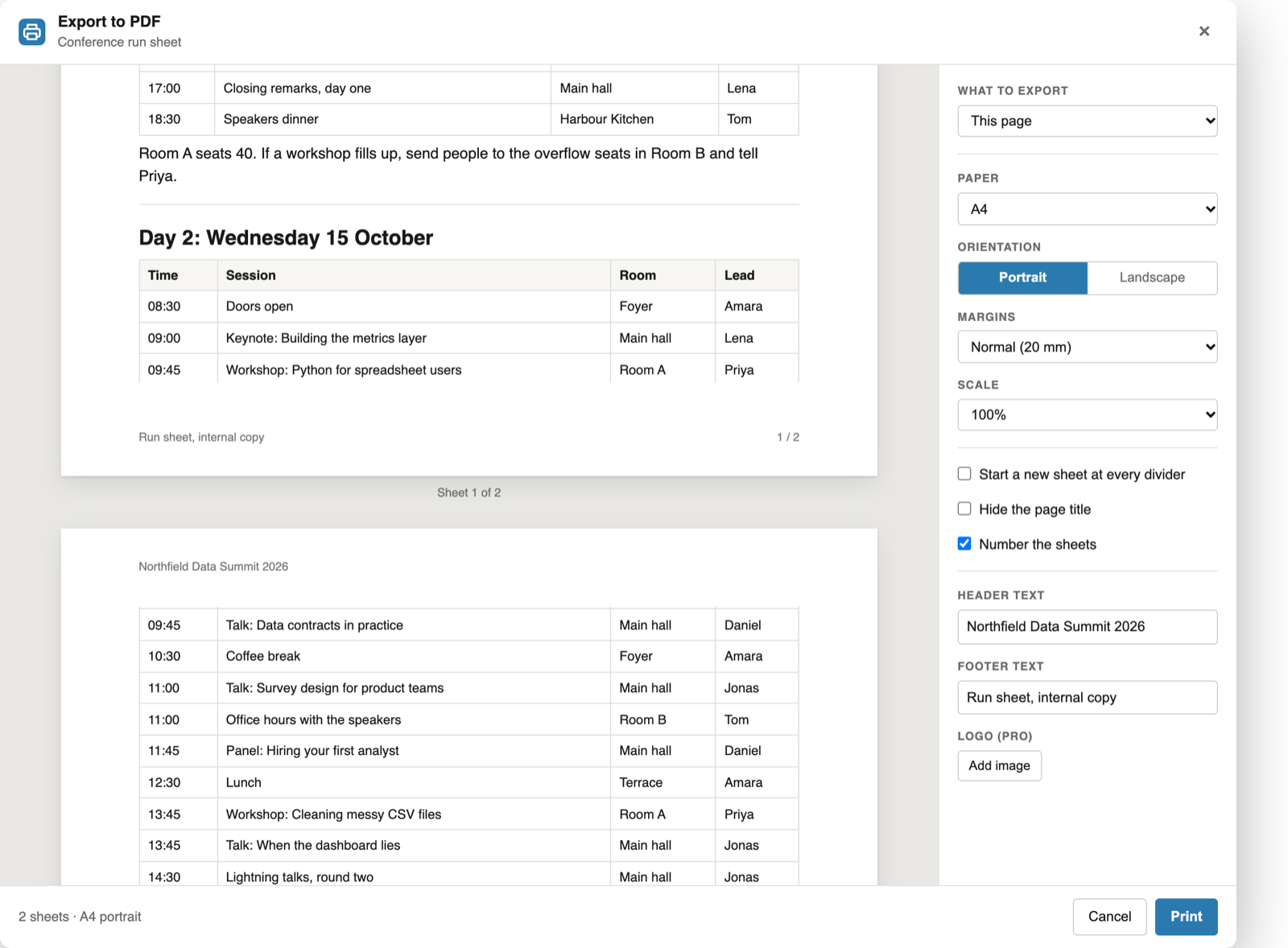 Notion PDF header, footer and page numbers in the export panel: header text, footer text and Number the sheets set, sheet 1 with its footer and 1 / 2, sheet 2 with its header