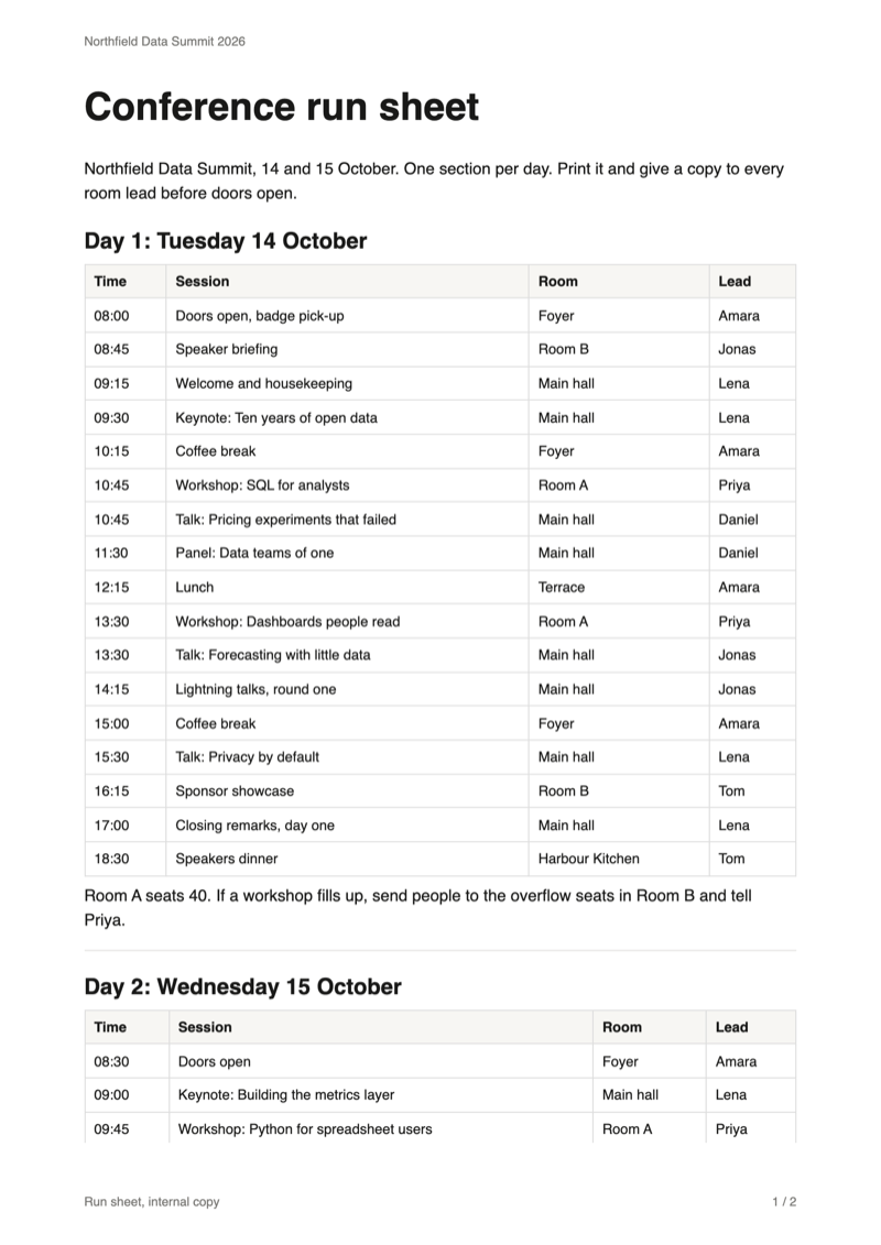 Notion PDF header, footer and page numbers: the first of two A4 sheets of a conference run sheet, with a header top left, a footer bottom left and 1 / 2 bottom right