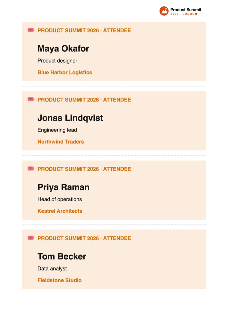 Notion mail merge result: name badges for four event attendees running on one A4 sheet, separated by cut lines