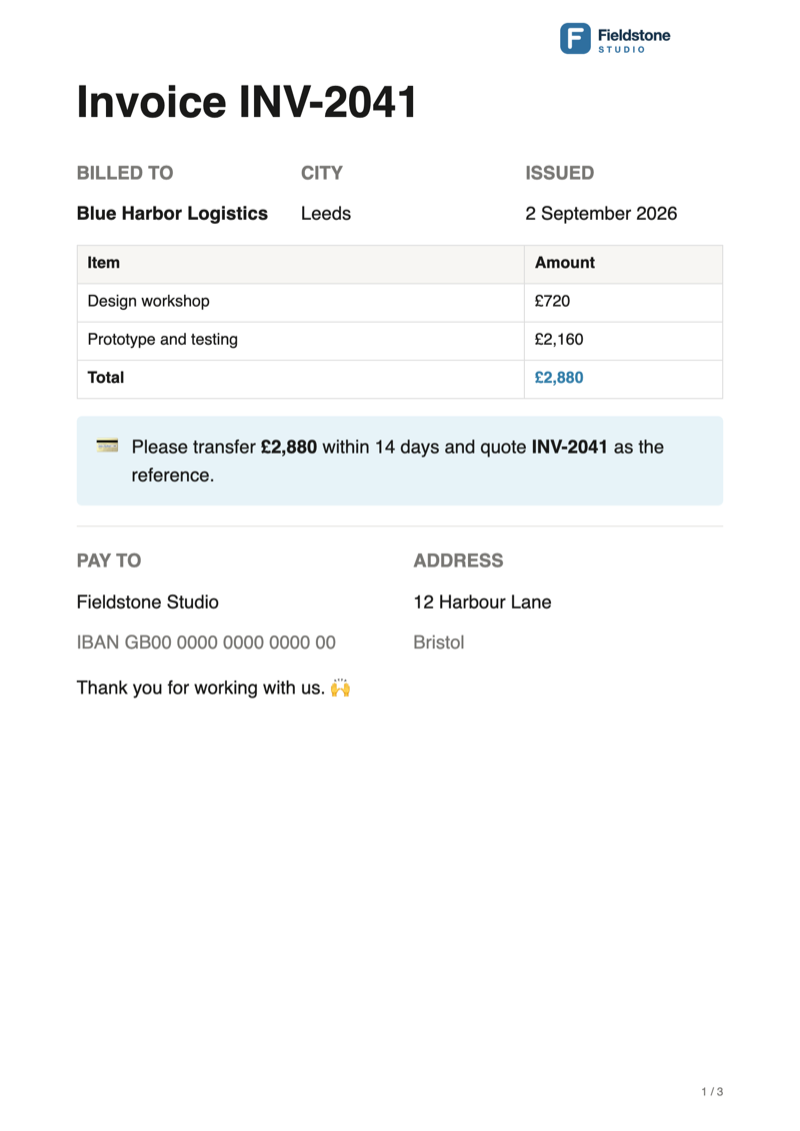 Notion mail merge result: invoice INV-2041 for Blue Harbor Logistics with the Fieldstone Studio logo, filled in from a database row on an A4 sheet