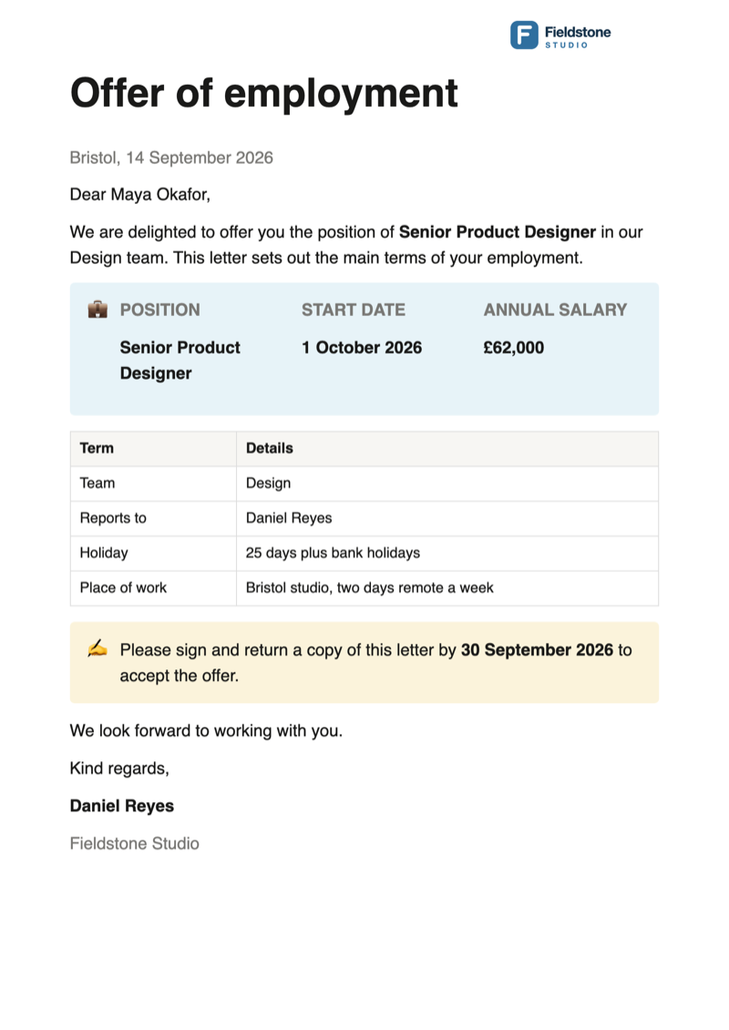 Notion mail merge result: offer letter for Maya Okafor with role, start date and salary from the candidates database