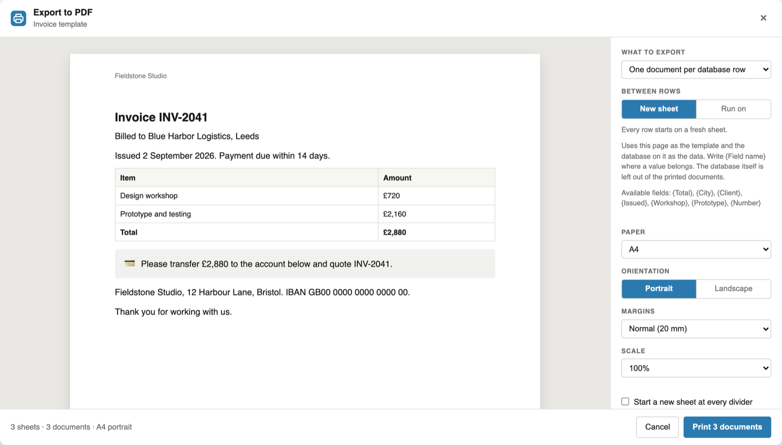 Notion mail merge preview in the export panel: invoice INV-2041 filled in on an A4 sheet, the list of available fields, and a Print 3 documents button