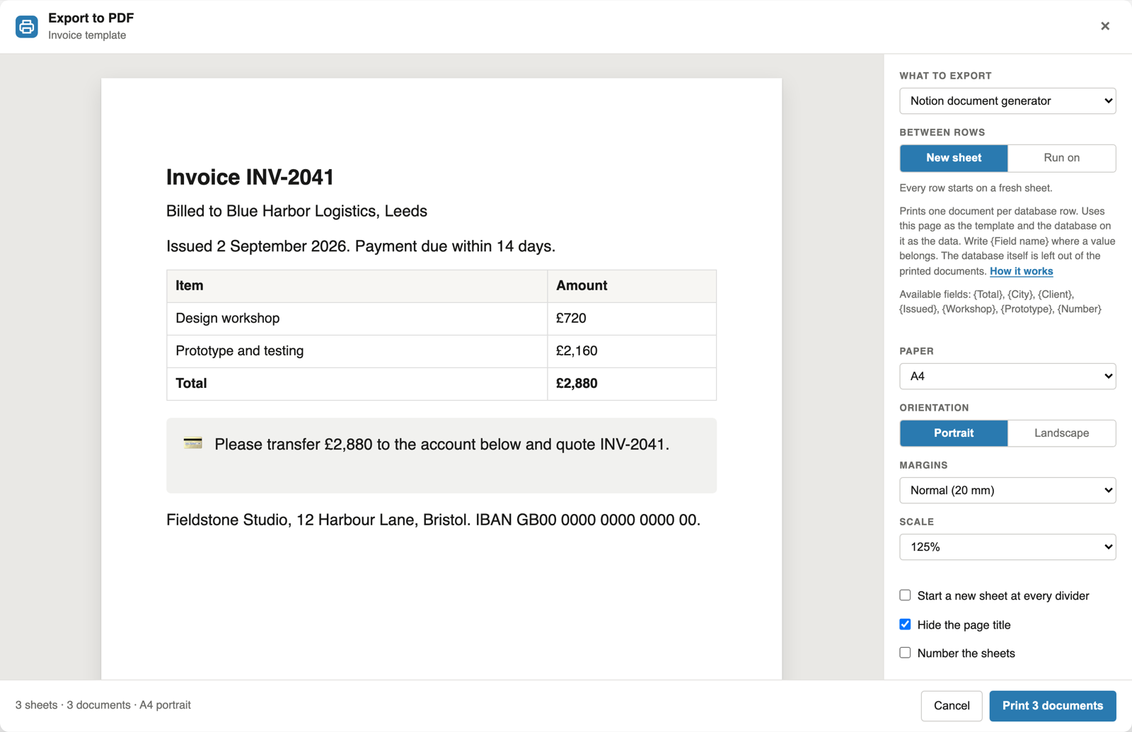 The export panel printing the Notion invoice template: invoice INV-2041 filled in on an A4 sheet, the available fields, and a Print 3 documents button