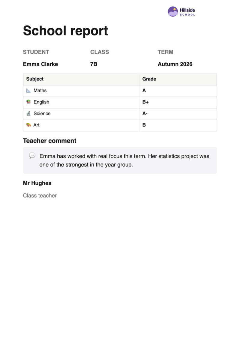 Notion mail merge result: school report for Emma Clarke with her grades and a teacher comment