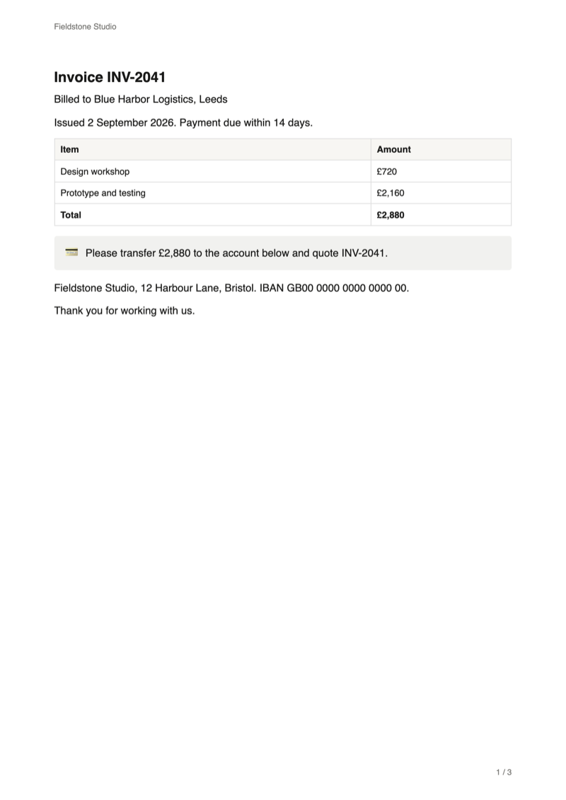 Notion mail merge result: three invoices generated from a Notion database, INV-2041 on top, each on its own A4 sheet
