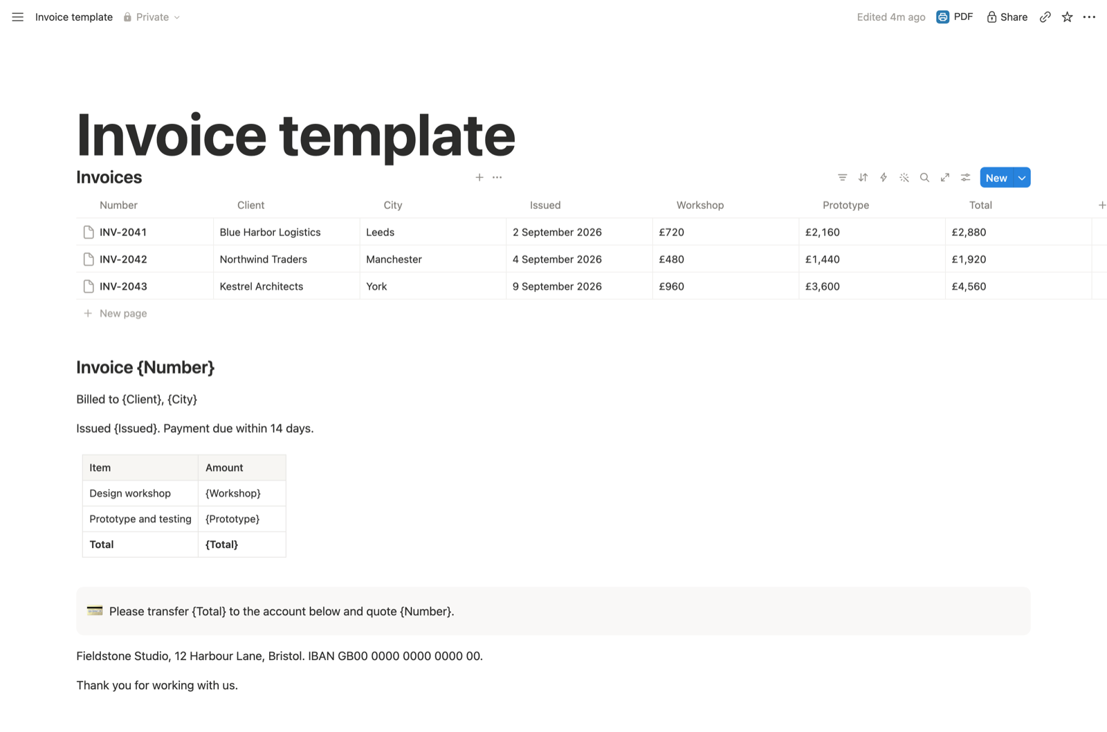 Notion mail merge template: an Invoices database of three rows, and below it an invoice written with placeholders such as {Number}, {Client} and {Total}