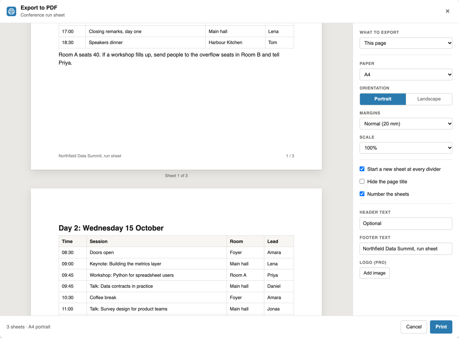 Notion PDF page breaks in the export panel: Start a new sheet at every divider and Number the sheets ticked, sheet 1 of 3 ending after day one and sheet 2 starting with day two