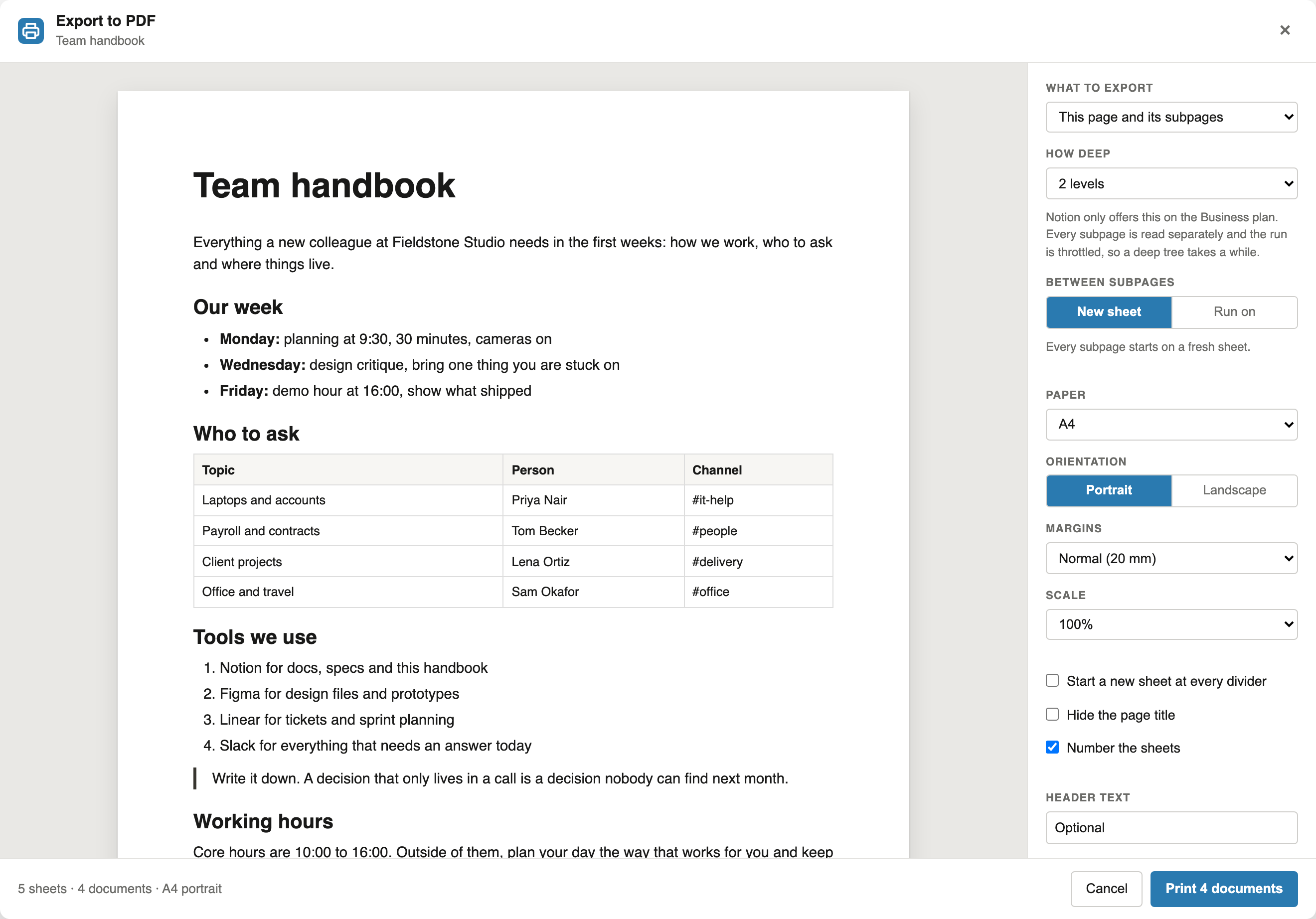 The panel that exports Notion subpages to PDF: This page and its subpages, 2 levels, New sheet between subpages, and Print 4 documents for a team handbook