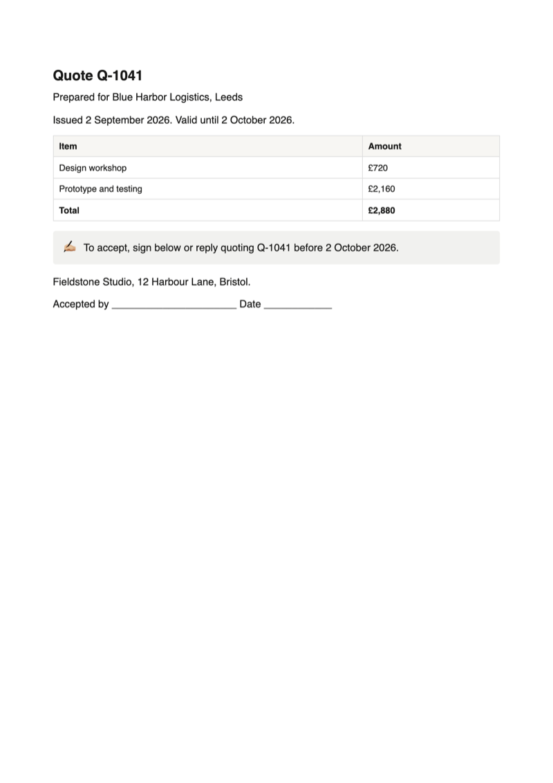 Quotes printed with the Notion quote template: three A4 sheets for Q-1041, Q-1042 and Q-1043 with the items, the total, the validity date and an Accepted by line
