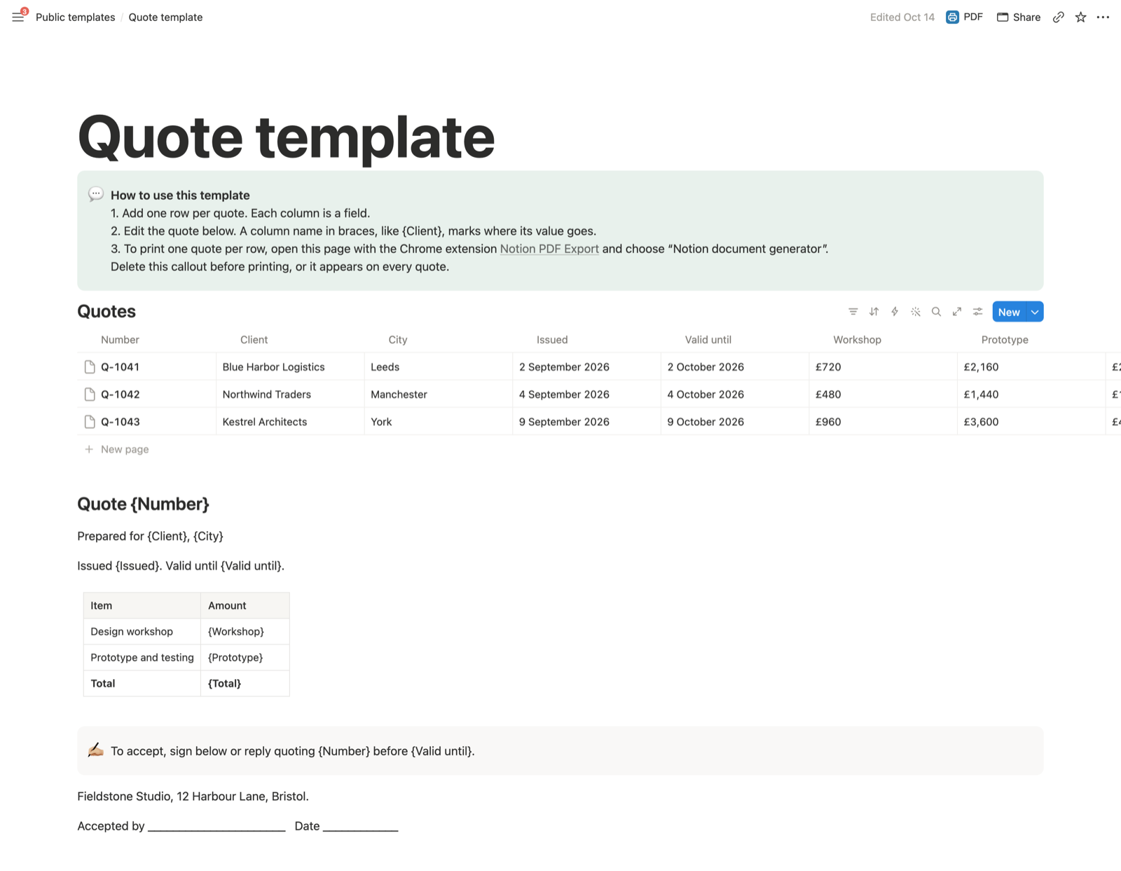 The Notion quote template: a Quotes database with three quotes, and below it the quote with placeholders such as {Number}, {Client} and {Valid until}