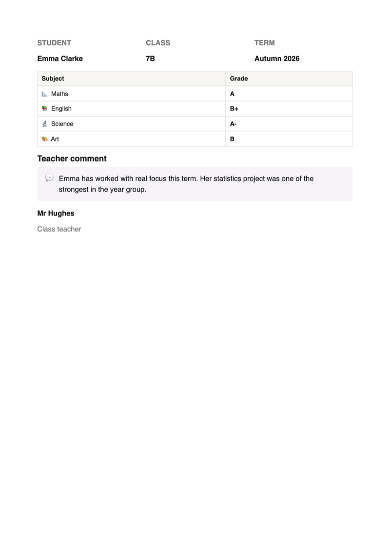 A report card printed from the Notion report card template: Emma Clarke, class 7B, grades for four subjects and the teacher comment on an A4 sheet