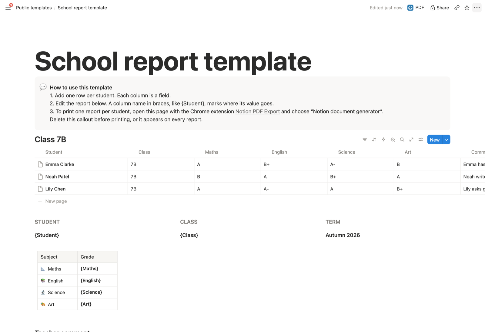 The Notion report card template: a Class 7B database with three students and their grades, and below it the report with placeholders such as {Student}, {Class} and {Maths}